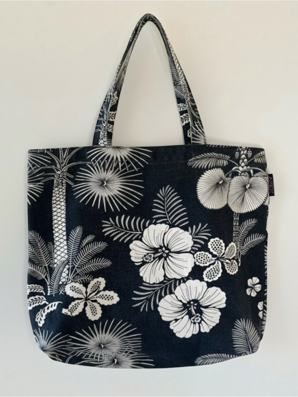 J.Crew Tropical Floral Cotton Canvas Tote Bag Black Cream Shopper Reusable